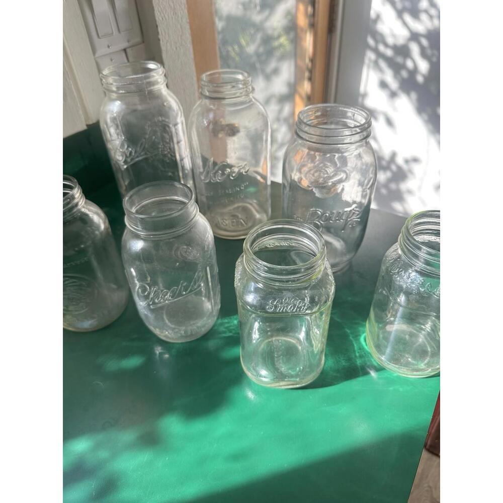 8 Antique Glass Jar Collection Bougs, Kerr, Ball, Cheers, Smoky, Mason Jars